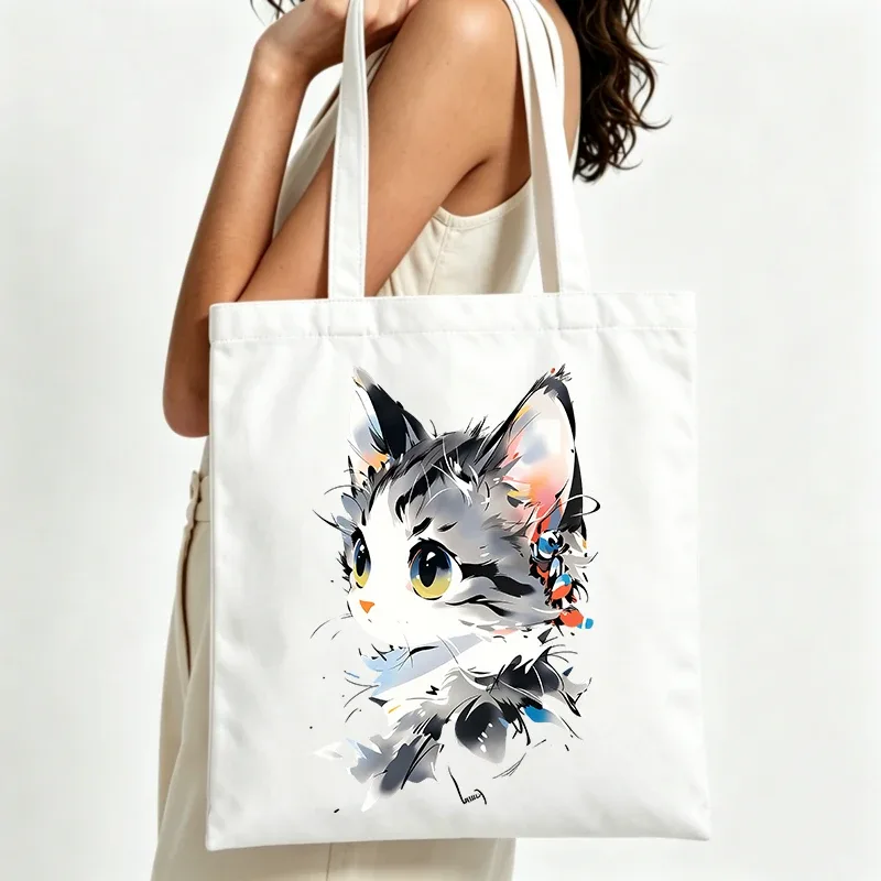 sac fourre-tout en toile avec motif de chat mignon et impression artistique, parfait pour les courses quotidiennes et les sorties décontractées