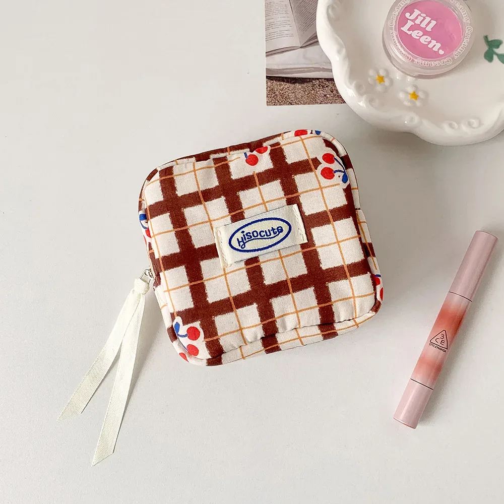 sacs de maquillage pour femmes, sacs à cosmétiques japonais à carreaux cerise dopamine doux kawaii, sac de rangement portable multifonctionnel pour filles