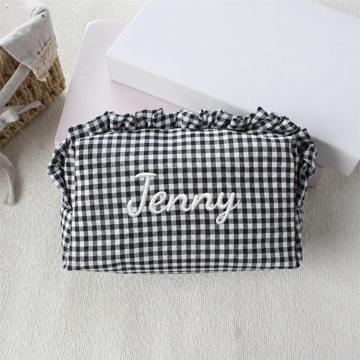 pochette à maquillage personnalisée avec une délicate bordure à volants, jolie pochette cosmétique coréenne douce, idéale pour un usage quotidien ou en vacances, cadeau pour demoiselle d'honneur