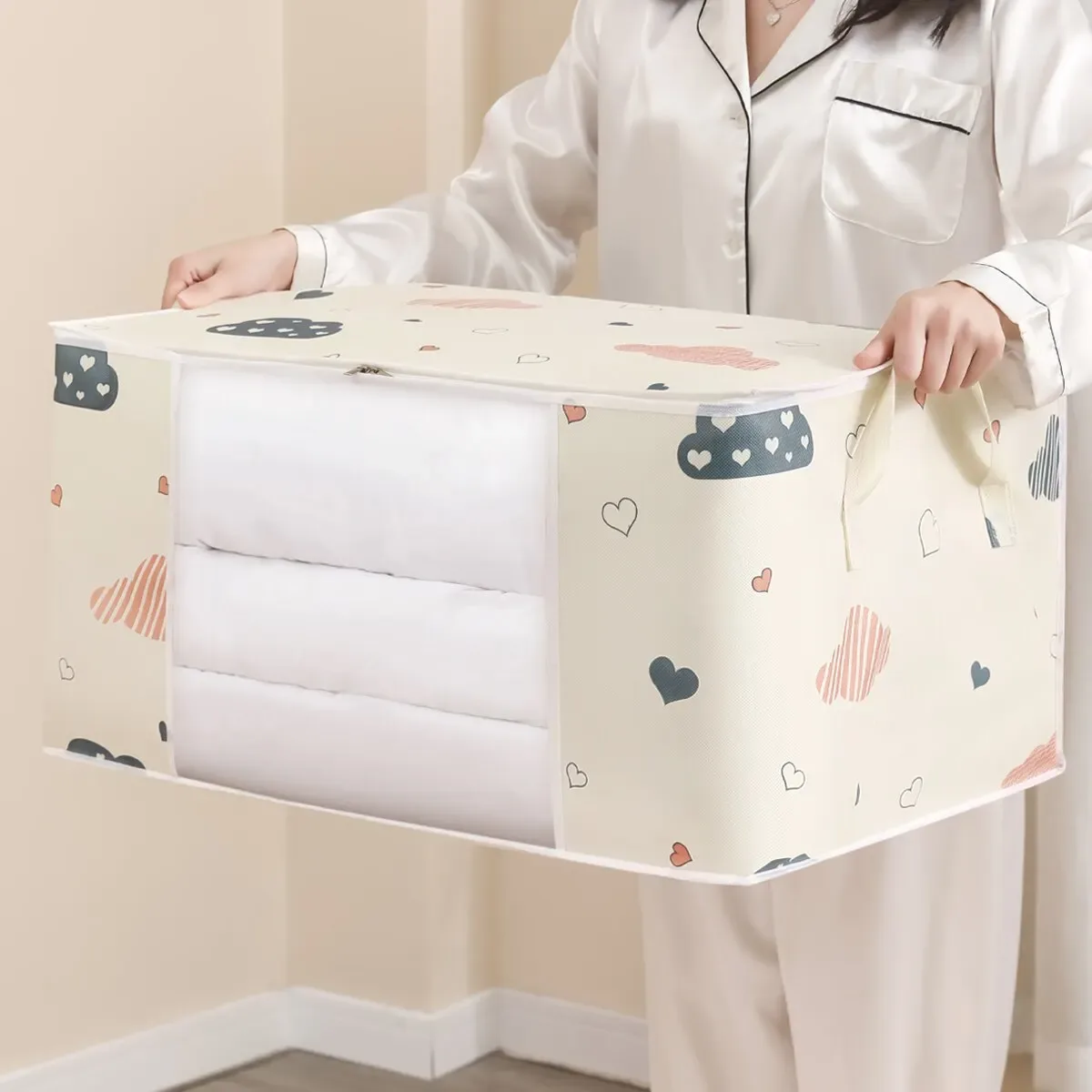 sac de rangement pour vêtements de grande capacité, évalué avec poignée renforcée, adapté aux couvertures, literie pliable avec fermeture éclair robuste