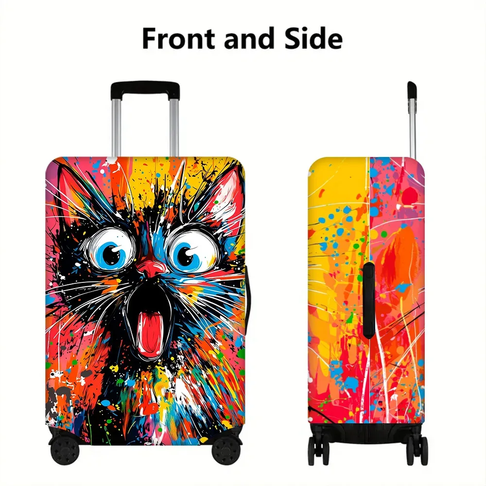 1 housse de bagage noire à imprimé visage de chat pour bagages de 18 à 32 pouces ; accessoires de voyage anti-poussière et élastiques pour une protection efficace