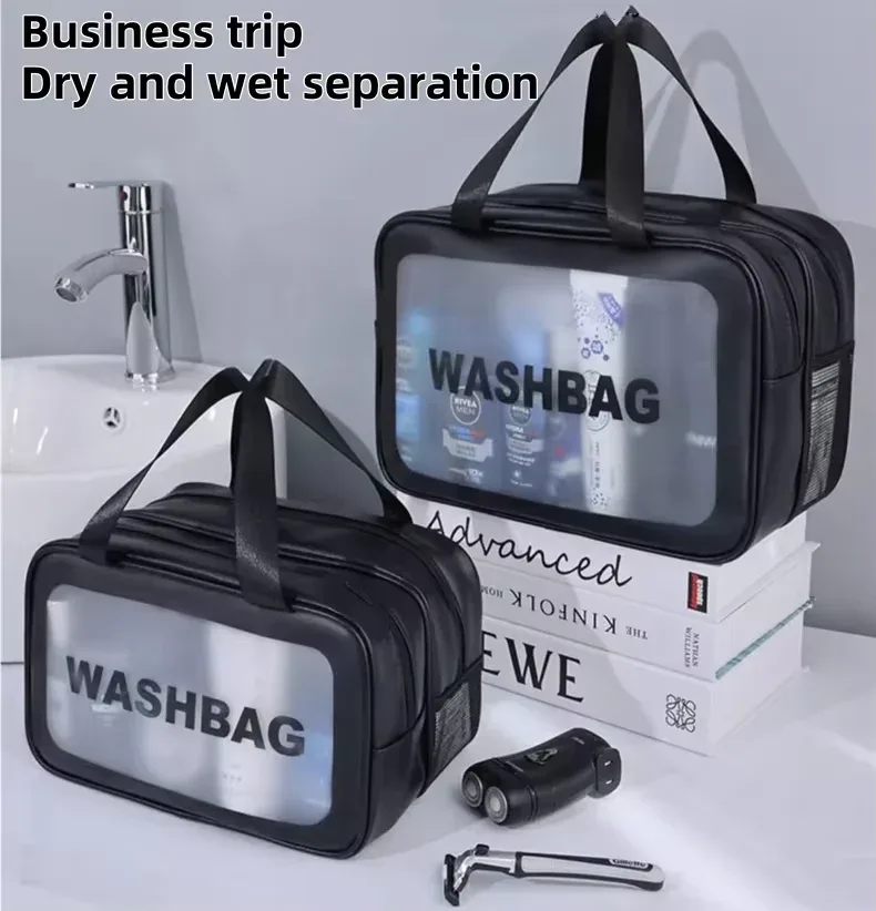 sac de rangement portable pour cosmétiques de grande capacité, sac de rangement pour articles de toilette de voyage pour hommes et femmes, double compartiment humide et sec