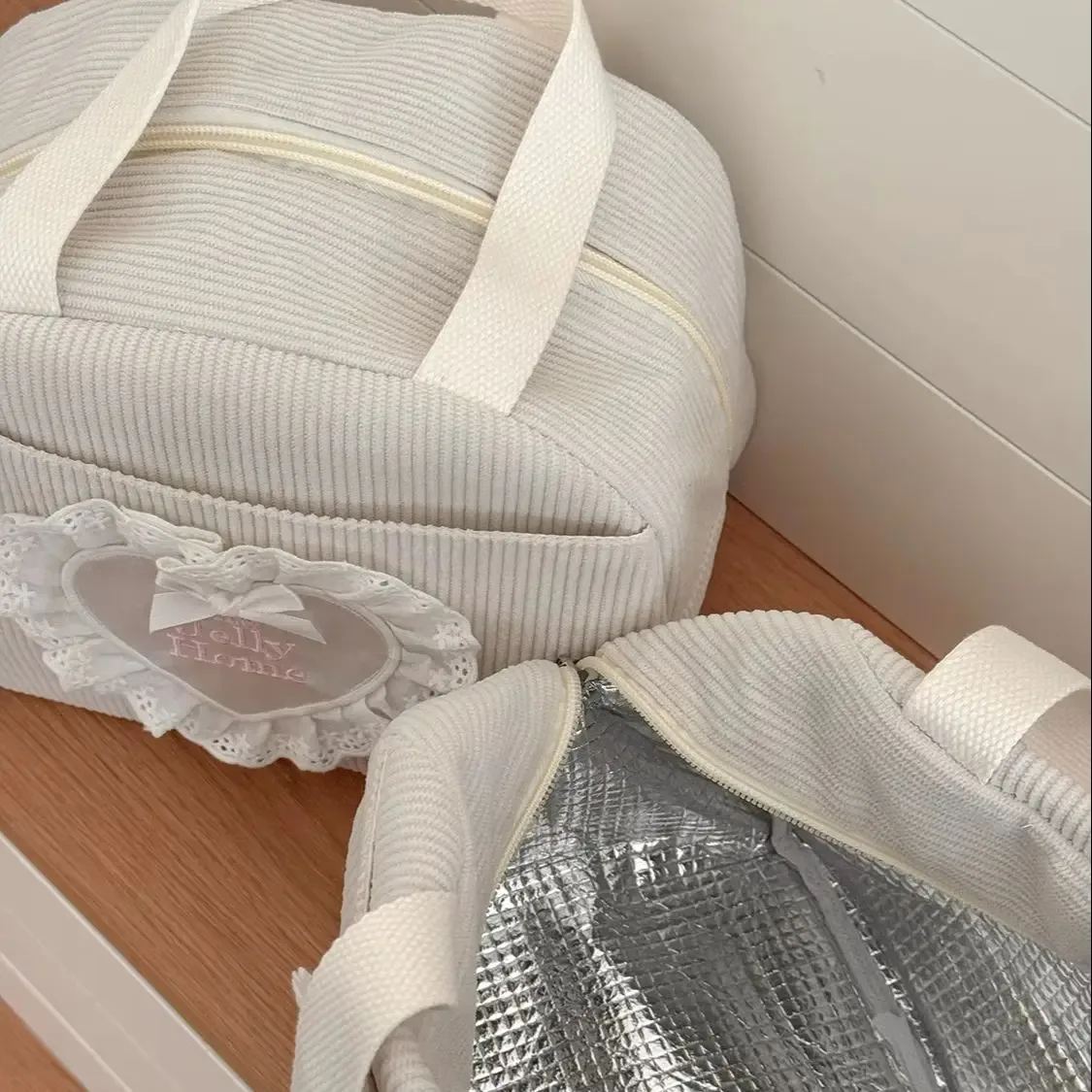 sac à main grande capacité yt commuting en velours côtelé avec dentelle et cœur, sac isotherme pour le déjeuner, nouveau sac de rangement pour étudiants et travailleurs