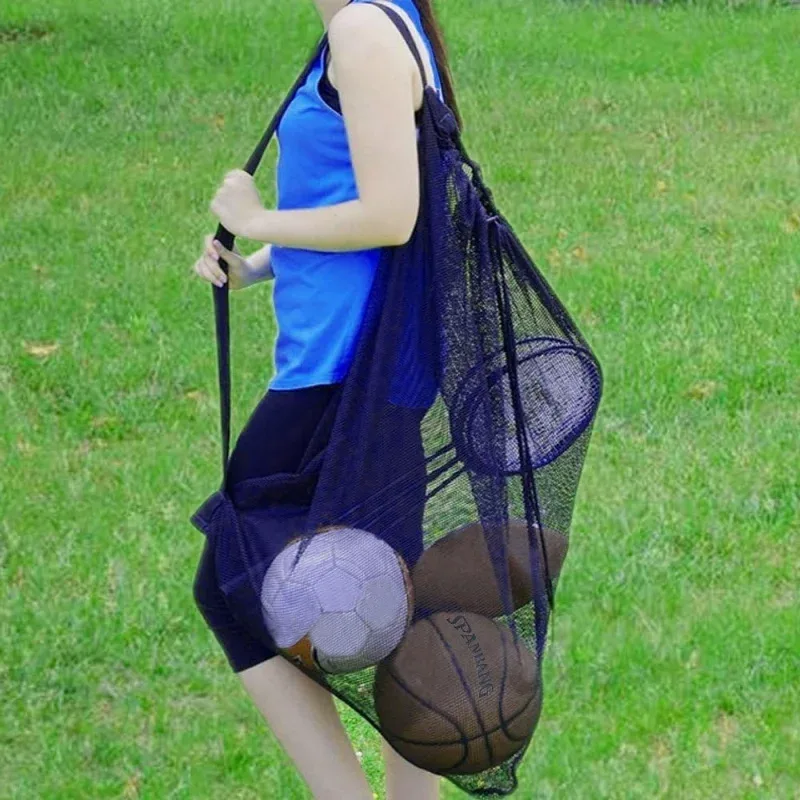 sac à balles en maille robuste, grand sac de rangement pour équipement sportif avec cordon de serrage et bandoulière pour le basketball, le football et le volley-ball