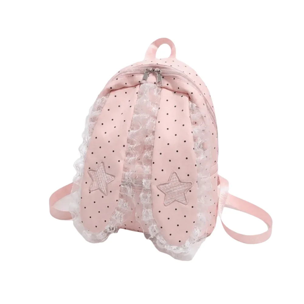 sac à dos décontracté à oreilles de lapin style coréen, motif cœur, grande capacité, en nylon à pois, pour l'école et l'extérieur
