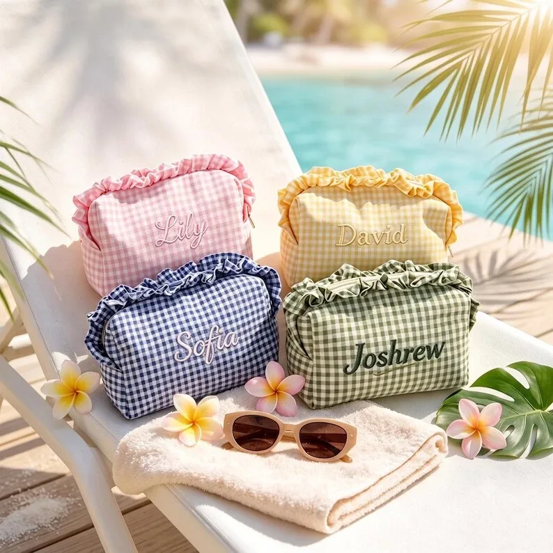 pochette à maquillage personnalisée avec une délicate bordure à volants, jolie pochette cosmétique coréenne douce, idéale pour un usage quotidien ou en vacances, cadeau pour demoiselle d'honneur