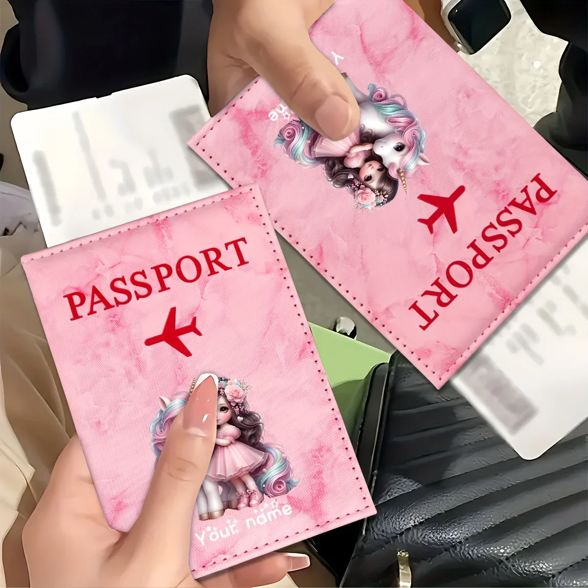 Porte-passeport en PU à motif licorne pour fille, avec icône d'avion doré, porte-cartes, portefeuille de voyage, cadeau pour les voyageurs et les professionnels