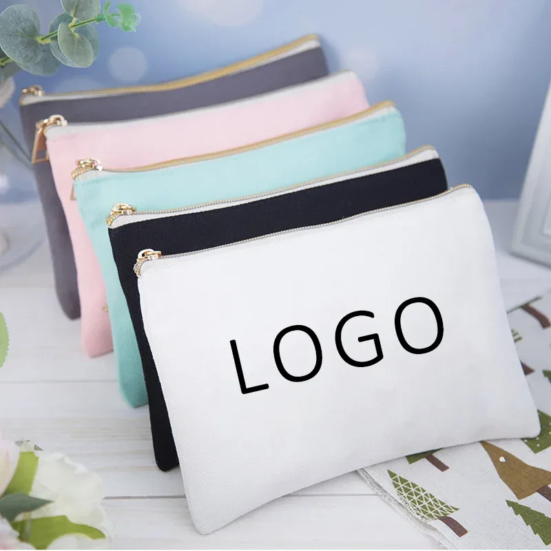 100 pièces petite pochette en coton vierge personnalisée écologique à fermeture éclair sacs de maquillage sac cosmétique de maquillage en toile de coton blanc uni avec logo
