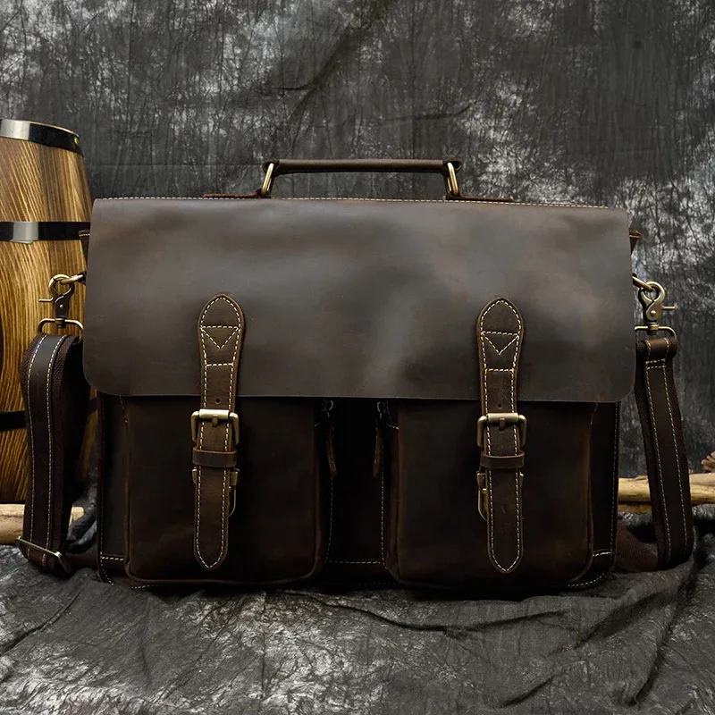 luufan-sac d'ordinateur portable en cuir véritable pour homme, étui à bombes d'affaires, sac de messager en cuir de vache, sac de calcul initié, fourre-tout pour homme, 15 pouces
