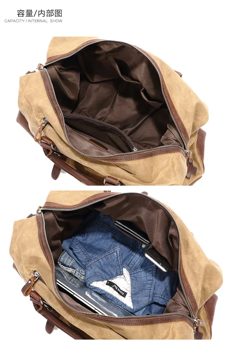sac de voyage pour homme en toile cirée imperméable et cuir, sac à main, sac de cabine, grand sac fourre-tout vintage, sac de week-end, grand sac de nuit.