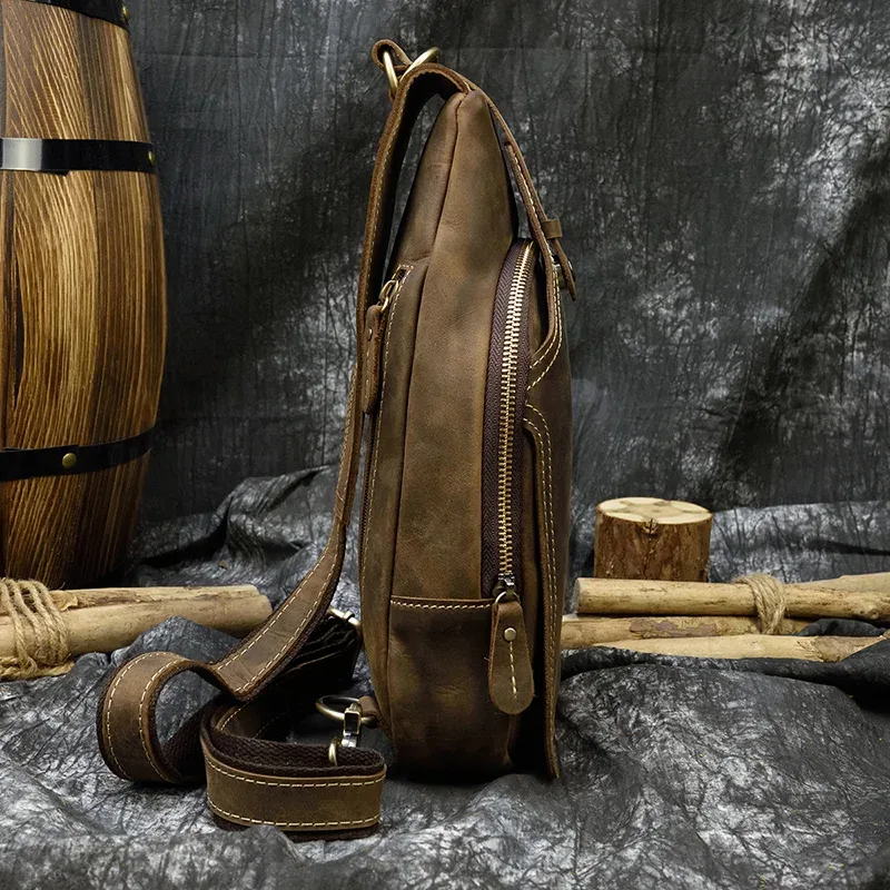 sac à dos en cuir de cheval fou pour hommes, petit sac de poitrine décontracté, sac de voyage vintage en cuir de vache, sac à bandoulière en cuir de vache