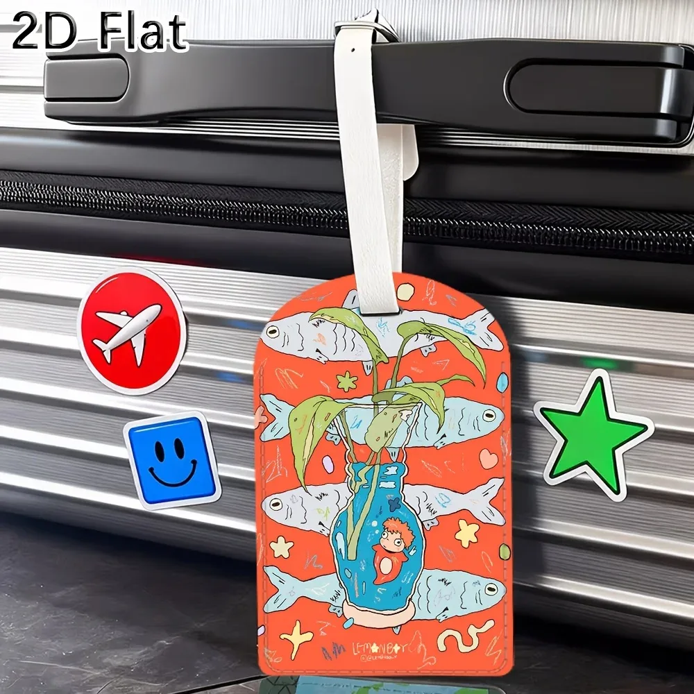 étiquette de bagage, motif de poisson et de plante de dessin animé mignon, étiquette d'identification de bagage de voyage pour accessoires de sacs à bagages
