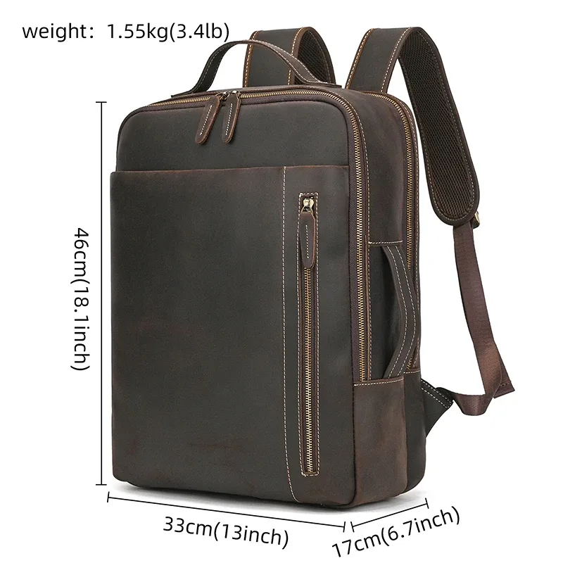 crazy horse – sac à dos en cuir de vache pour hommes, sac pour ordinateur portable, double épaule, sac de voyage de grande capacité, sac à dos quotidien