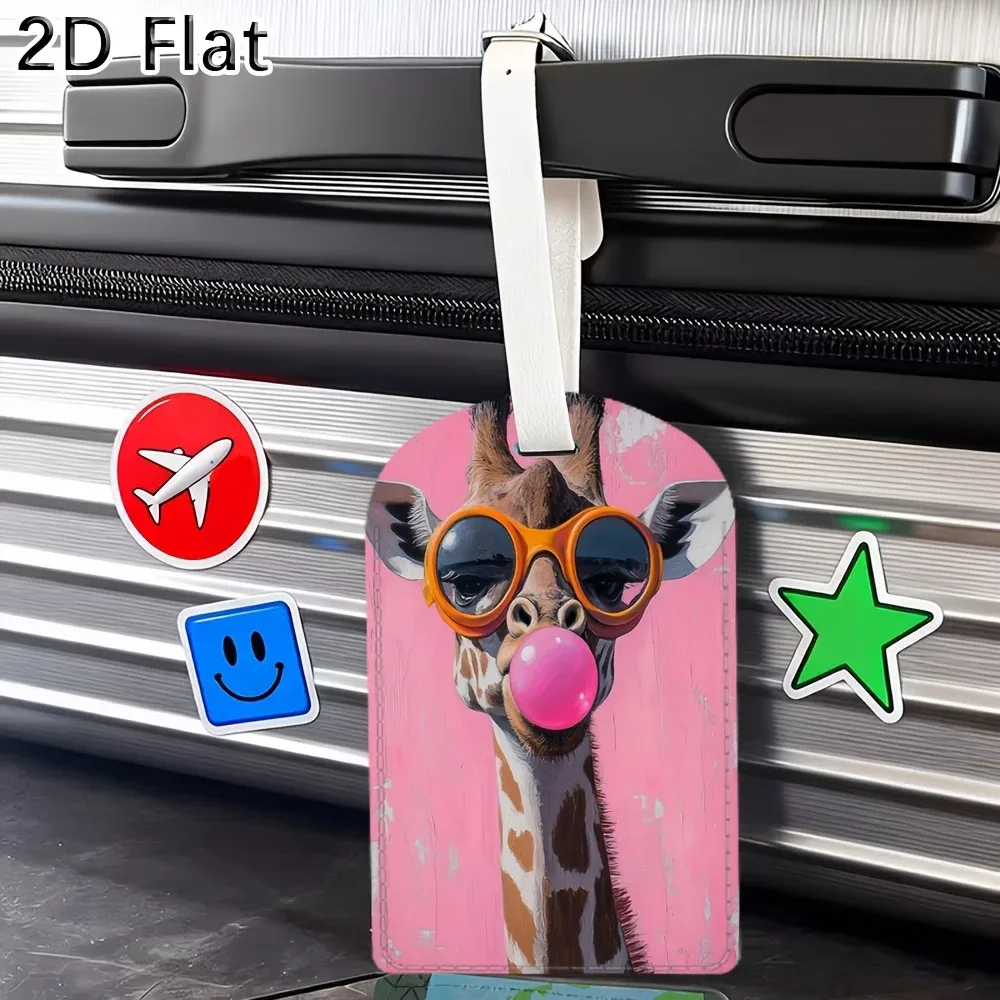 étiquette de bagage mignonne en forme de girafe avec lunettes et motif de chewing-gum, étiquette de valise pour le voyage