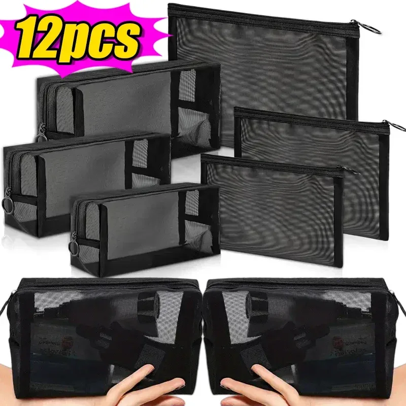 sacs à cosmétiques transparents en maille, 1/12 pièces, petit grand sac de maquillage noir, étui de rangement de toilette de voyage portable, pochette de rangement de rouge à lèvres