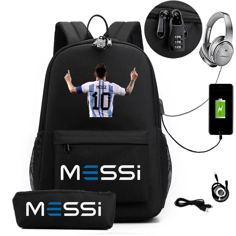 sac à dos usb cr7 pour femmes et hommes, sac à dos de voyage décontracté anti-vol, sacs d'école pour adolescents avec capacité pour ordinateur portable, avec trousse à crayons, 2 pièces