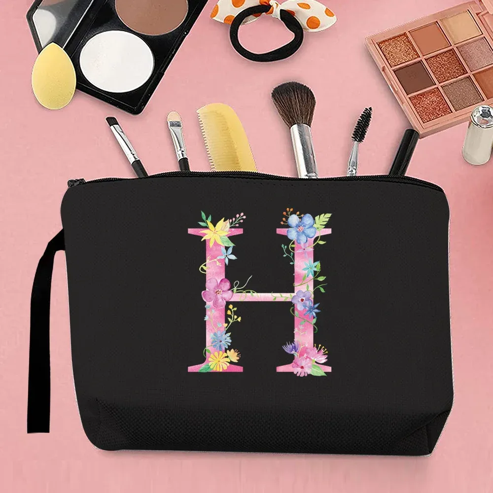 trousse de maquillage pour femmes, trousse de maquillage portable, trousse de maquillage de voyage pratique, sac à main en toile, motif de lettres roses, organisateur de bijoux
