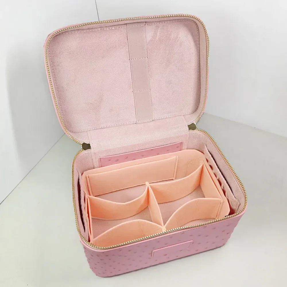 trousse de maquillage de luxe en simili plumes d'autruche pour femme, sac de voyage personnalisable grande capacité avec poignée, organisateur cosmétique