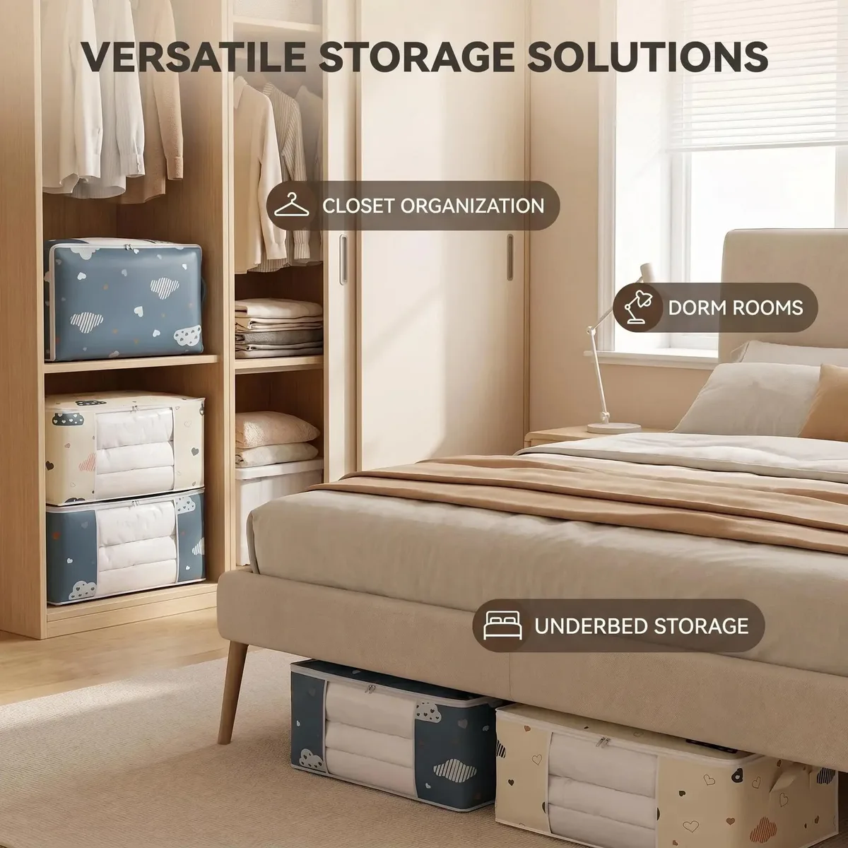 sac de rangement pour vêtements de grande capacité, évalué avec poignée renforcée, adapté aux couvertures, literie pliable avec fermeture éclair robuste