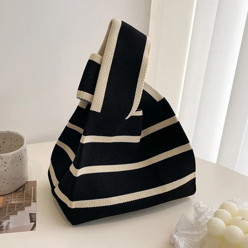 sac à main en tricot fait à la main pour femme, mini sac de poignet à nœud, sac fourre-tout à carreaux à large rayure, sacs à provisions réutilisables pour étudiants, document décontracté japonais