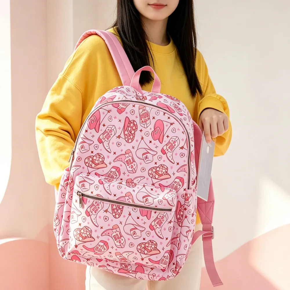 sac à dos classique imprimé cowboy rose, sac à dos en nylon mignon, sac de voyage léger et simple pour femmes, 1 pièce