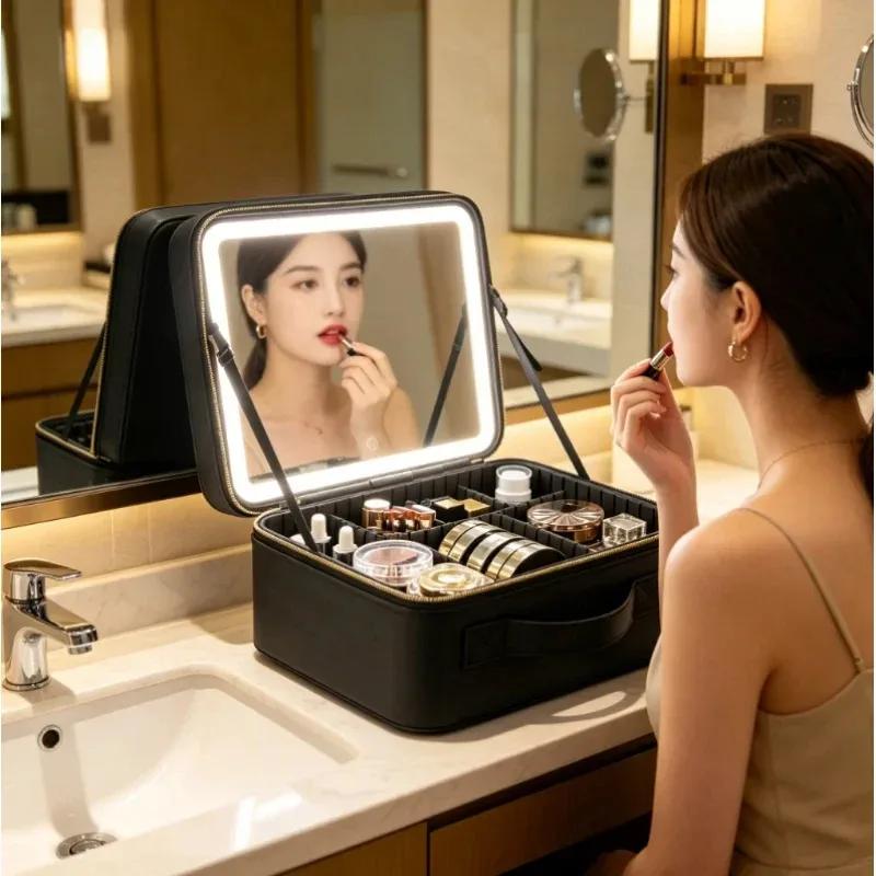 sac de maquillage led portable avec miroir, grande taille, trousse de toilette de voyage, organiseur de beauté multifonctionnel pour femmes