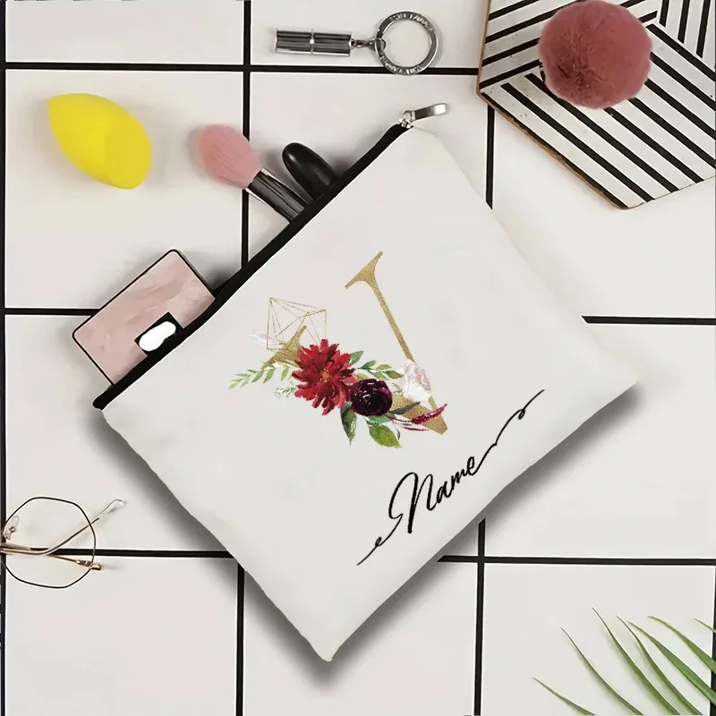 trousse de toilette personnalisée pour femmes avec motif géométrique à motifs de roses, idéale pour les fêtes en plein air ou comme cadeau pour un professeur. sac de rangement pour maquillage.