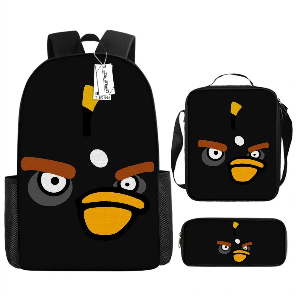 sacs d'école de luxe originaux et cool avec impression 3d angry birds, 3 pièces/ensemble, sac à dos pour ordinateur portable, sac à déjeuner, trousse à crayons