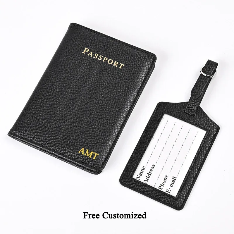 saffiano-ensemble d'étiquette de bagage en cuir pu, lettres personnalisées, couverture de passeport de voyage, porte-billet, accessoires de voyage à la mode