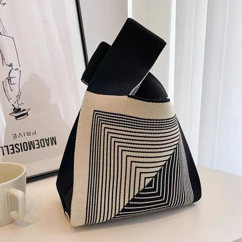 sac à main en tricot fait à la main pour femme, mini sac de poignet à nœud, sac fourre-tout à carreaux à large rayure, sacs à provisions réutilisables pour étudiants, document décontracté japonais