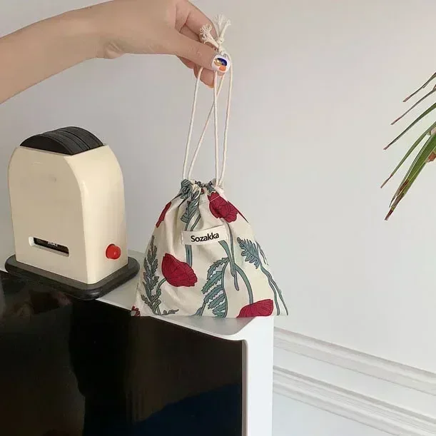 sac de maquillage mignon, cadeau de noël, organisateur de bijoux de bonbons, sac de rangement floral en coton et lin, pochette de rangement de finition pour femmes