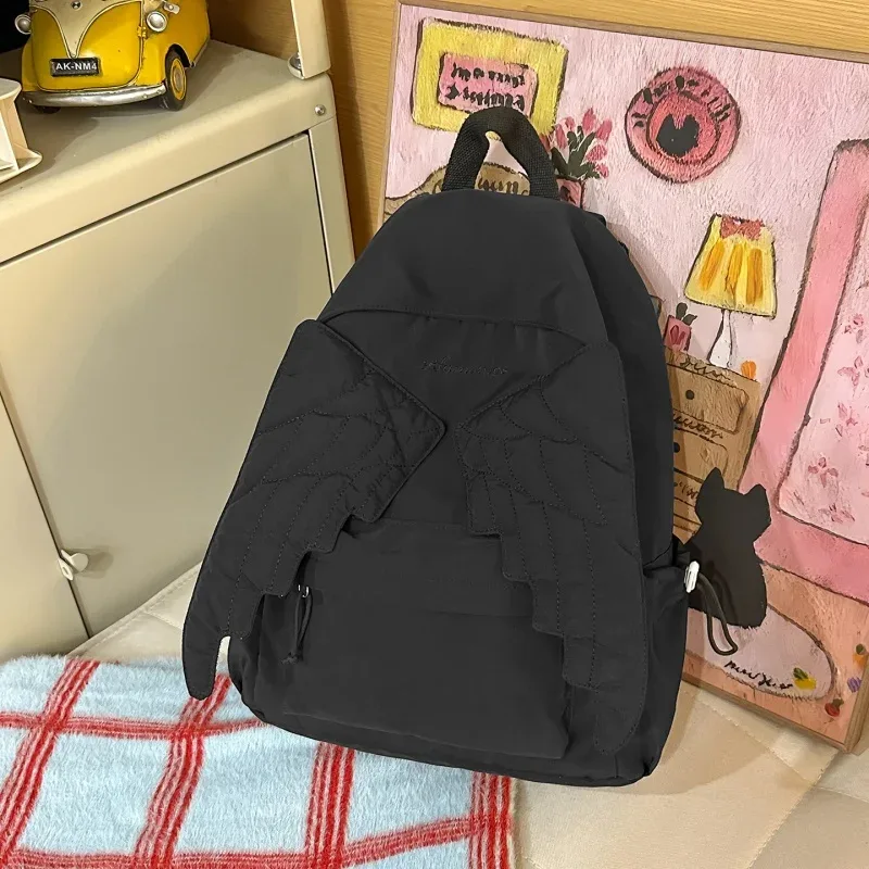 sac à dos matelassé ailes d'ange mignon, sac d'école en nylon à la mode, motif brodé élégant, sac à dos décontracté, sac de voyage quotidien spacieux