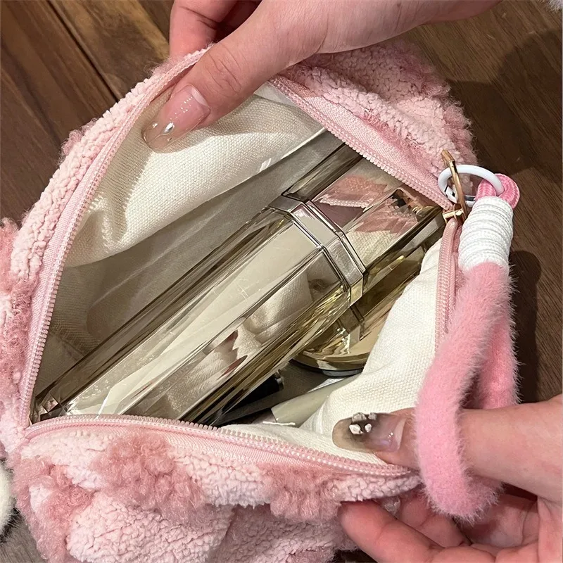 sacs de maquillage en peluche avec poignée, sac de rangement de cosmétiques de voyage souple, organisateur portable imprimé d'amour, trousse à crayons, pochette mignonne