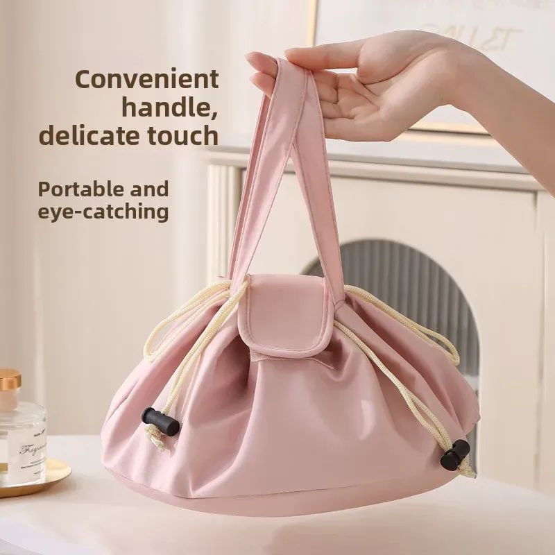 sac de maquillage portable grande capacité avec cordon de serrage, trousse de toilette de voyage, sac de rangement pour pinceaux cosmétiques tendance, en polyester, forme cubique