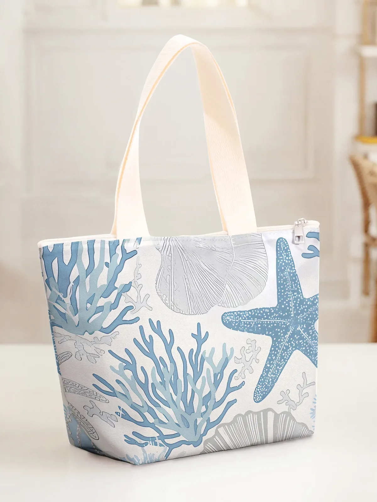 sac fourre-tout à motif marin avec fermeture éclair, grande capacité, sac à bandoulière décontracté pour femme, sac de plage, sac de shopping quotidien