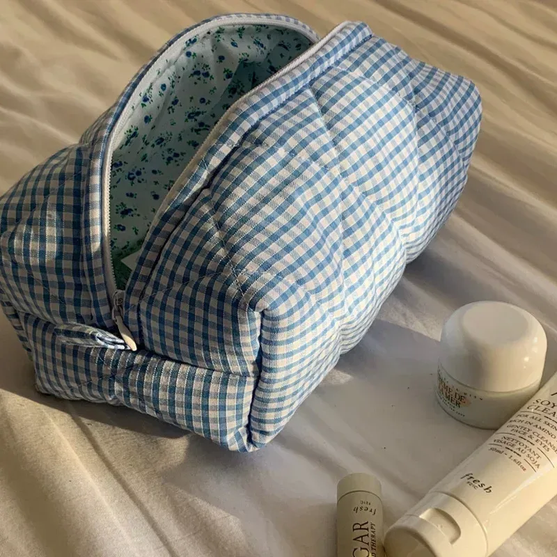 Sac de maquillage à fleurs à carreaux, sac de rangement de cosmétiques Portable de grande capacité, sac de lavage matelassé en coton, pochette de soins de la peau