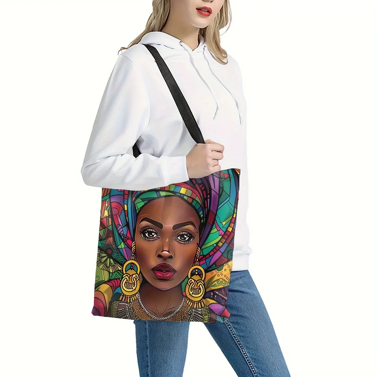 sac fourre-tout en lin imprimé pour femmes africaines, sac à bandoulière d'école esthétique, sac d'épicerie léger