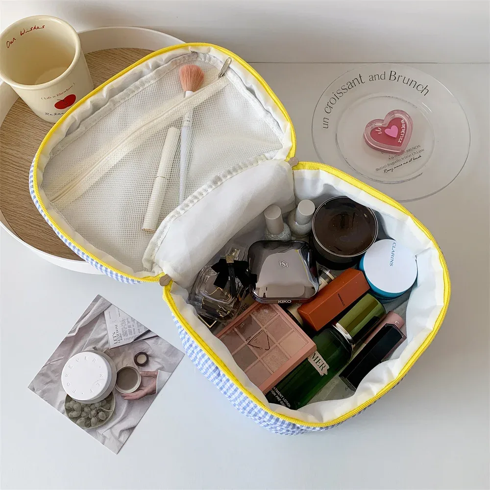 ensemble de trousses de toilette à carreaux, style simple, grande capacité, sac de rangement portable pour outils cosmétiques, pour la maison, la salle de bain