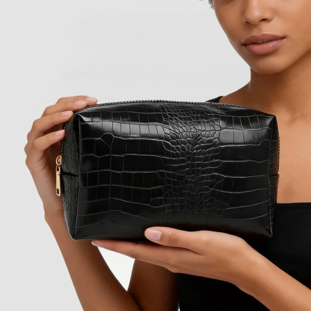 sac à maquillage en cuir pu imperméable, grande capacité, motif crocodile gaufré, fermeture à glissière, pochette cosmétique, utilisation en voyage