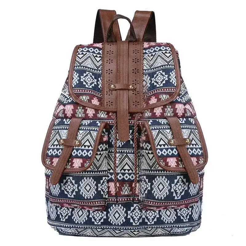 sac à dos tendance de grande capacité pour femmes, sac à dos décontracté avec cordon de serrage, motif géométrique, style national et exotique