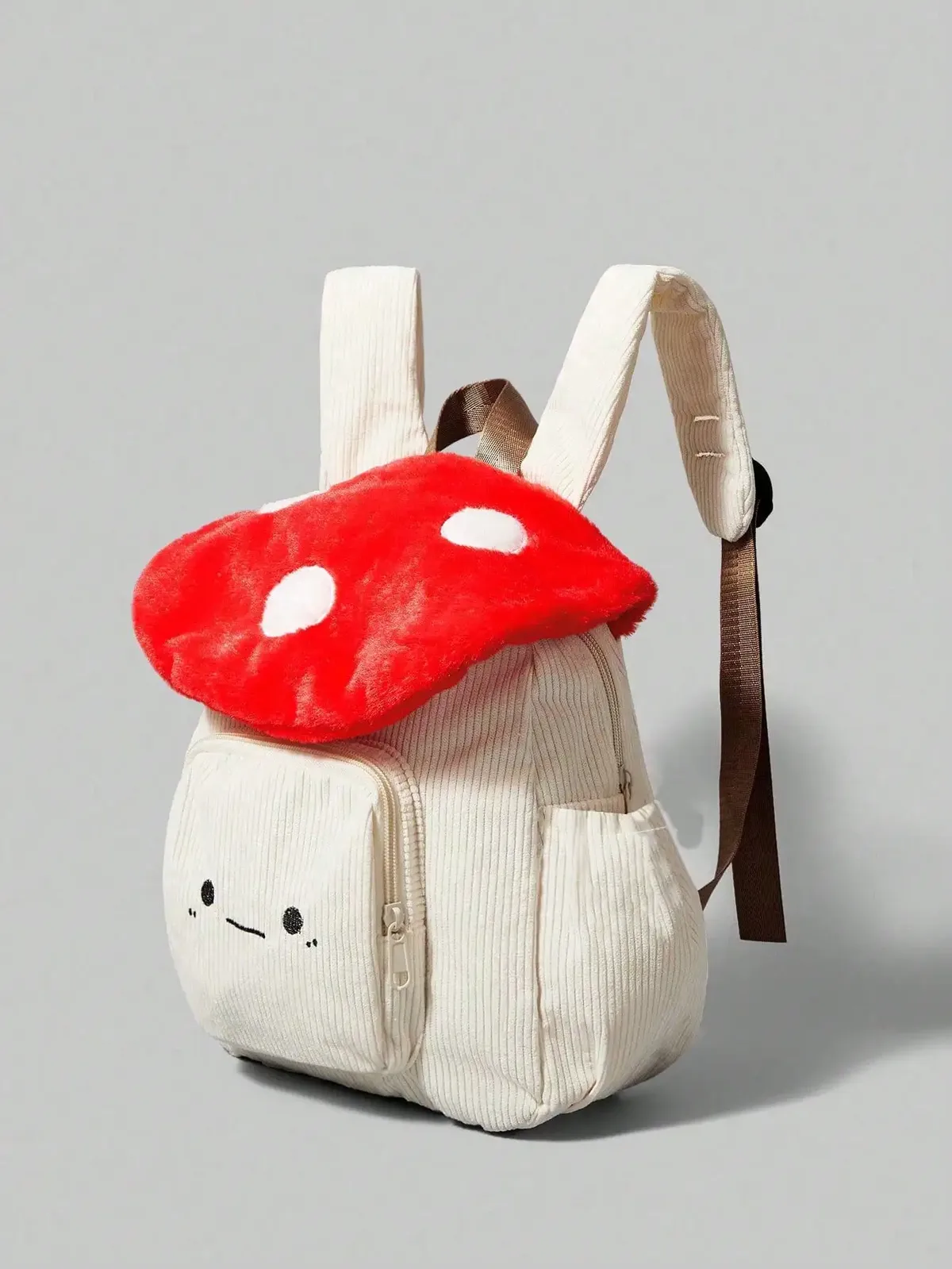 sac à dos en velours côtelé mignon et tendance, motif champignon et pois brodés, design color-block, idéal pour le campus