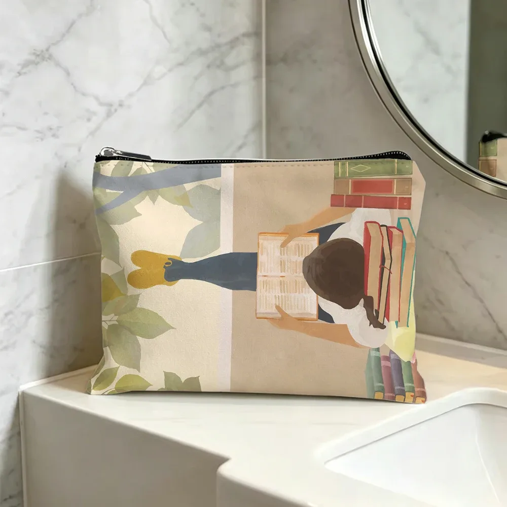 trousse de maquillage bohème en toile, motif abstrait de feuilles de plantes botaniques, pochette cosmétique minimaliste avec fermeture éclair, organisateur de toilette portable pour voyage.