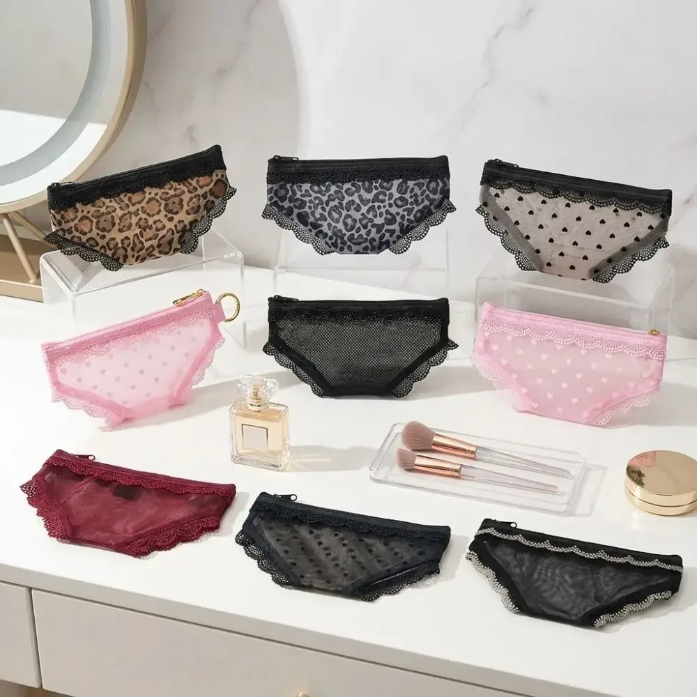 pochette de rangement cosmétique unique en forme de cœur en dentelle transparente, trousse de toilette y2k en maille pour le voyage
