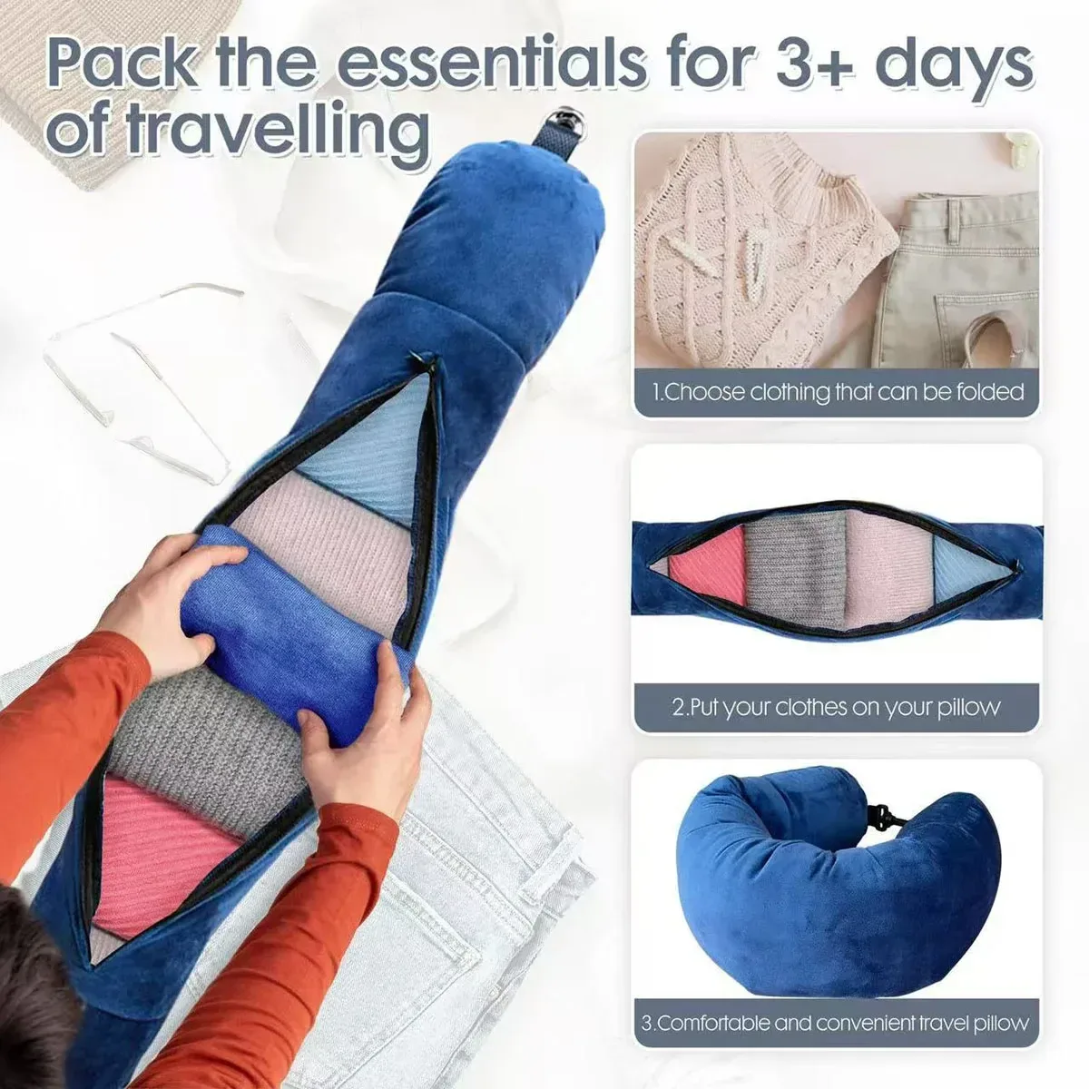 coussin de voyage pour le cou avec sac de rangement pour vêtements, housse de coussin en forme de u en polaire cristalline pour les voyages en avion