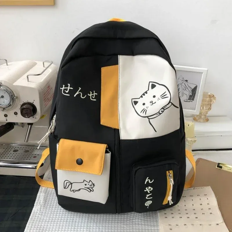 sac à dos coréen mignon chat de dessin animé pour femmes, cartable pour lycéens, grande capacité, sac à dos de voyage étanche en nylon