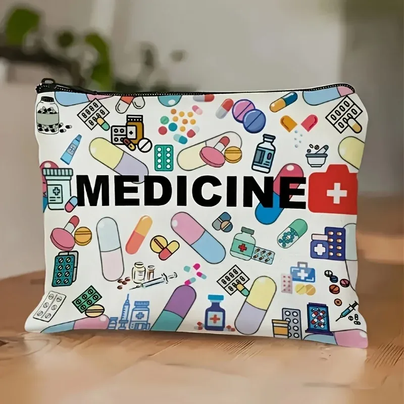 sac de voyage cosmétique sur le thème des médicaments – organisateur de maquillage pliable et léger à fermeture éclair avec conception de pilules et de seringues, tissu durable