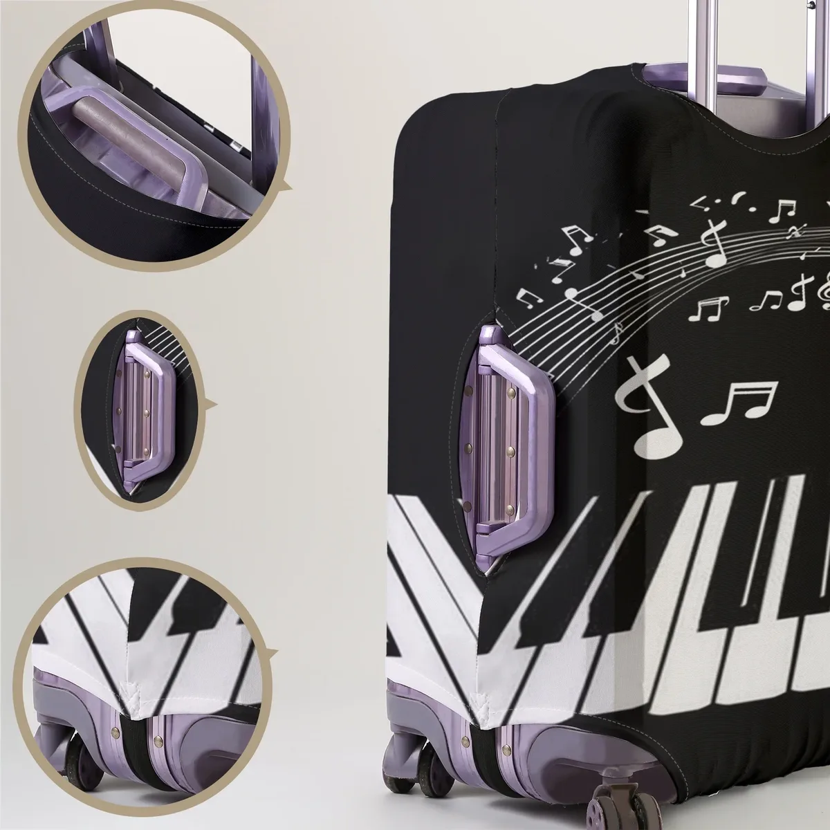 Housse de protection pour bagages avec motif imprimé clavier de piano et notes, adaptée aux housses de bagages de 18 à 32 pouces, gants pour poignée de bagage, t