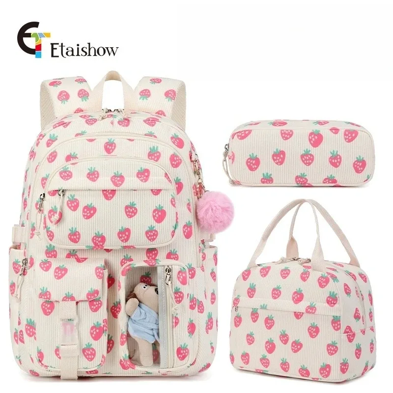 lot de 3 sacs à dos en velours côtelé motif fraise, multifonctionnels, pour l'école, les voyages, grande capacité, légers, pour étudiants