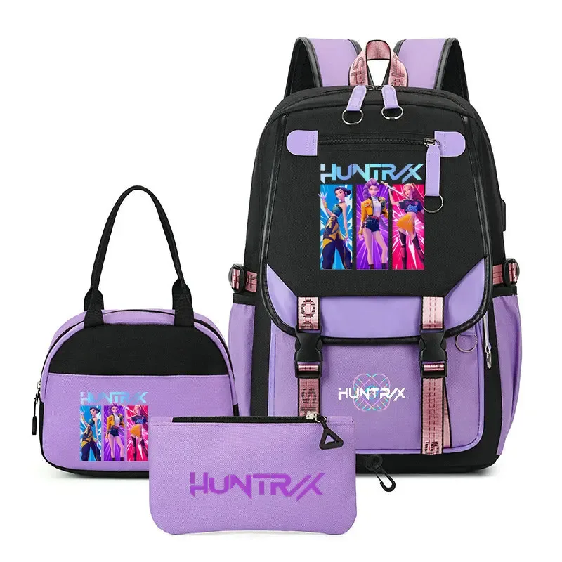 sac à dos kpop demon hunter pour adolescents, cartable de grande capacité, 3 pièces/ensemble avec sac à lunch pour femmes, étudiants, décontracté, confortable, pour voyage, mochilas