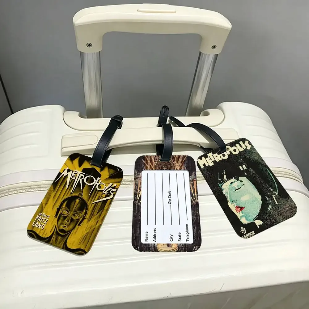 étiquette de bagage en pvc légère anti-perte, style rétro années 80, inspirée du film metropolis (allemagne), avec pochette amovible pour carte d'information, pour sac à dos